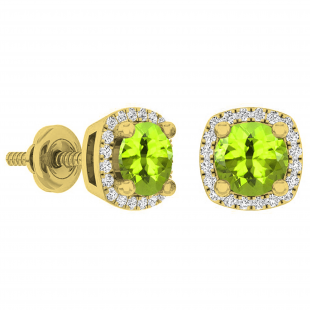 18K Yellow Gold 5 MM Each Round Cut Peridot & White Diamond Ladies Halo Stud Earrings